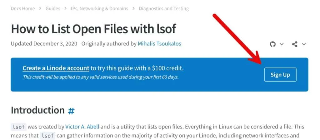 Linode has a call to action that doesn't get in the way of their content