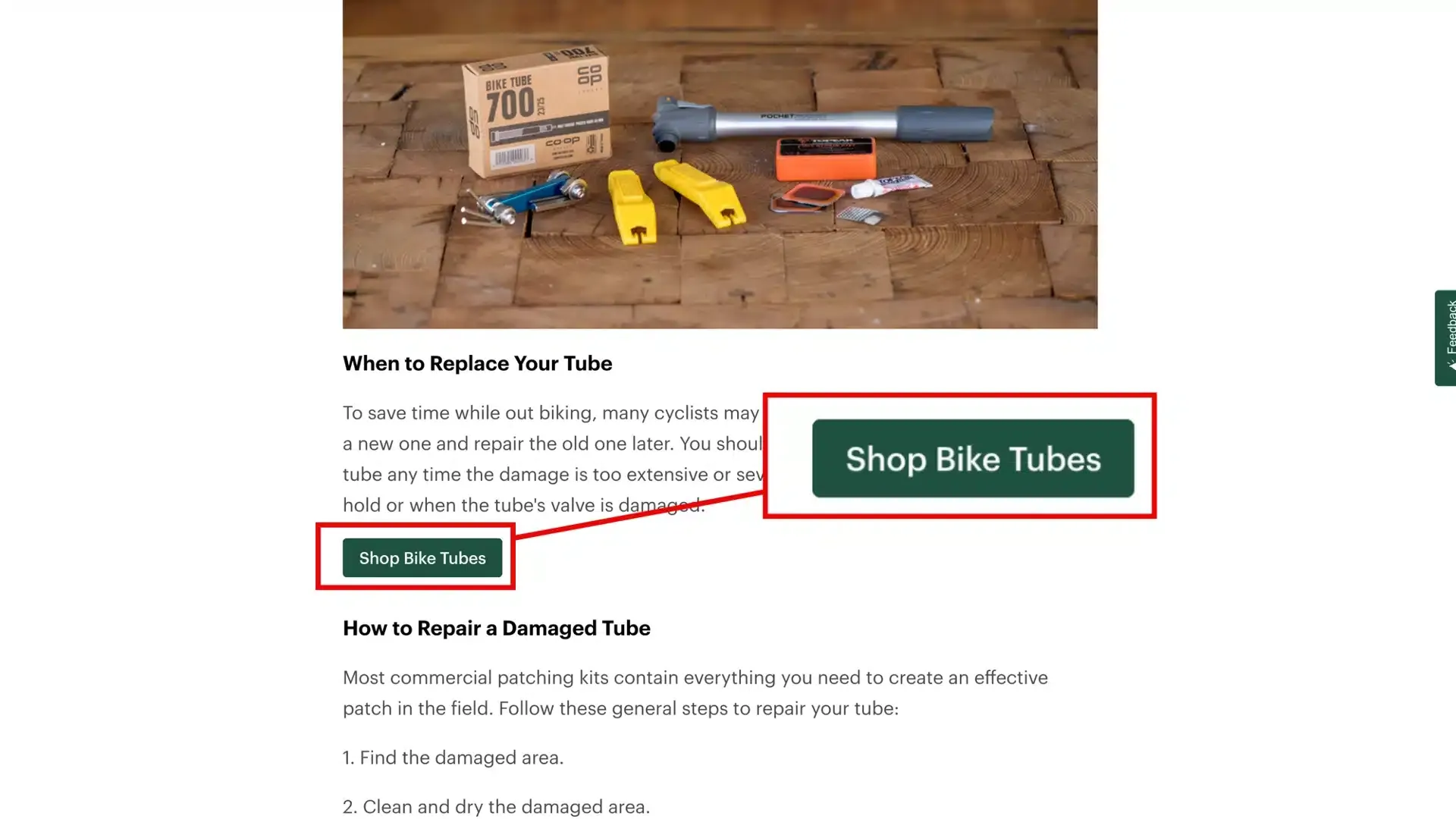 REI's frictionless CTA in their bicycle tire repair guide.