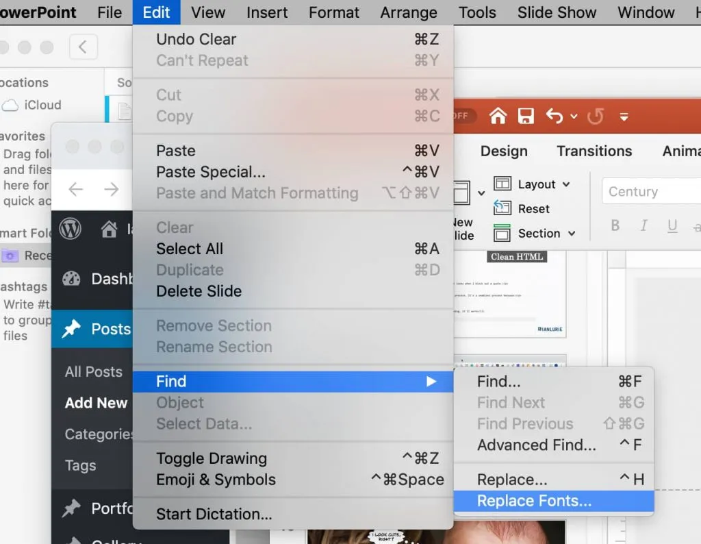 Image: In the edit menue, click Find, then Replace Fonts.