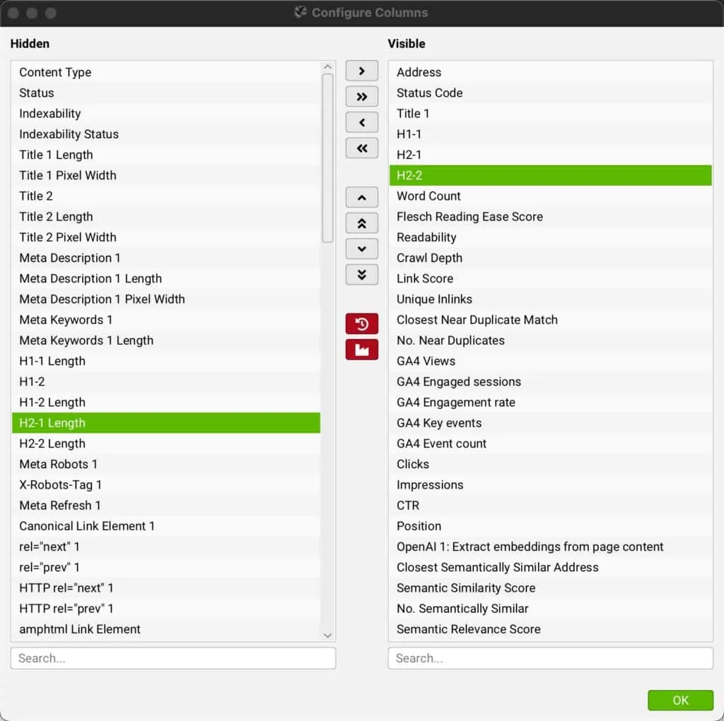 ScreamingFrog columns I use for my audit