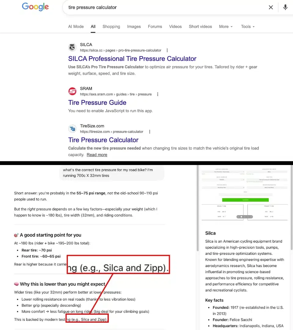 Silca's rankings for 'tire pressure calculator' in search and AI