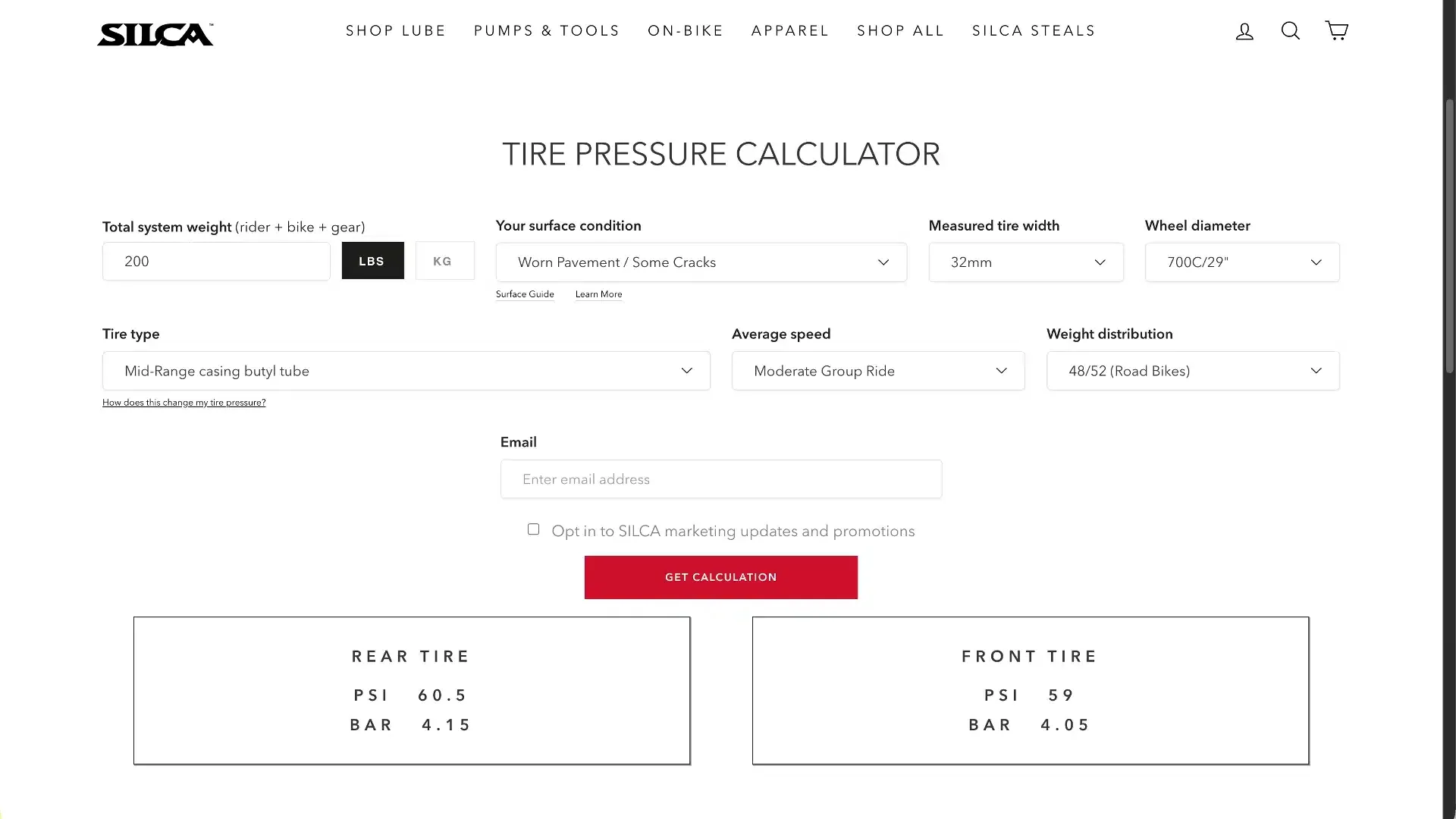 Silca's tire pressure calculator