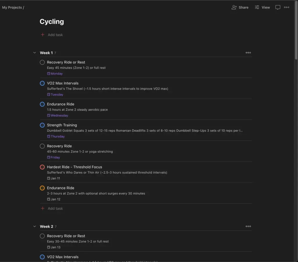 The final training plan in Todoist