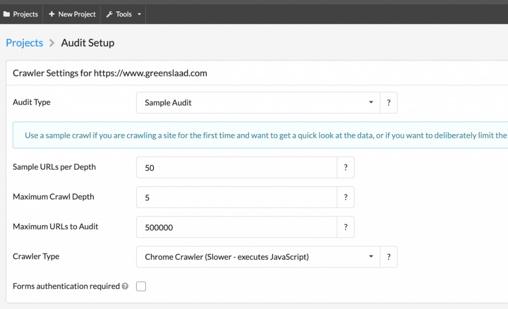 Example Sitebulb Audit Setup