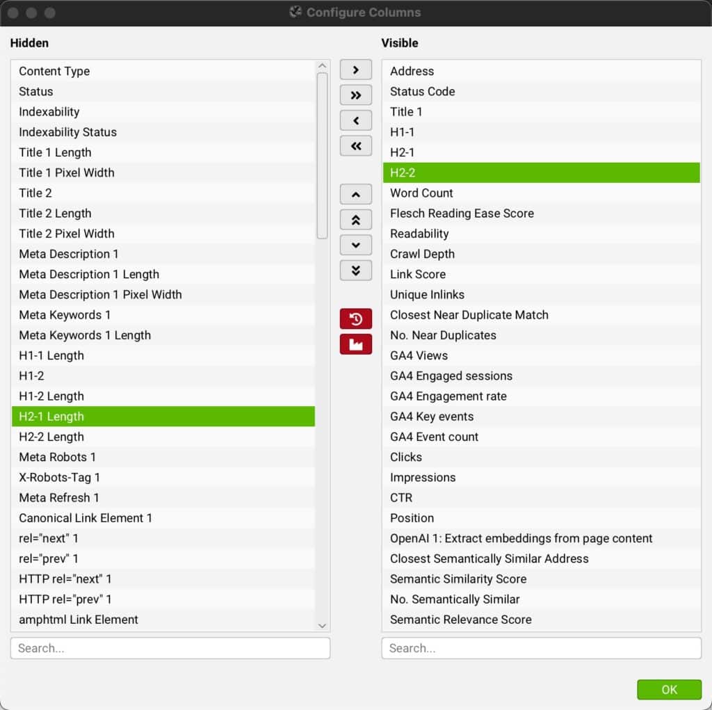 ScreamingFrog columns I use for my audit
